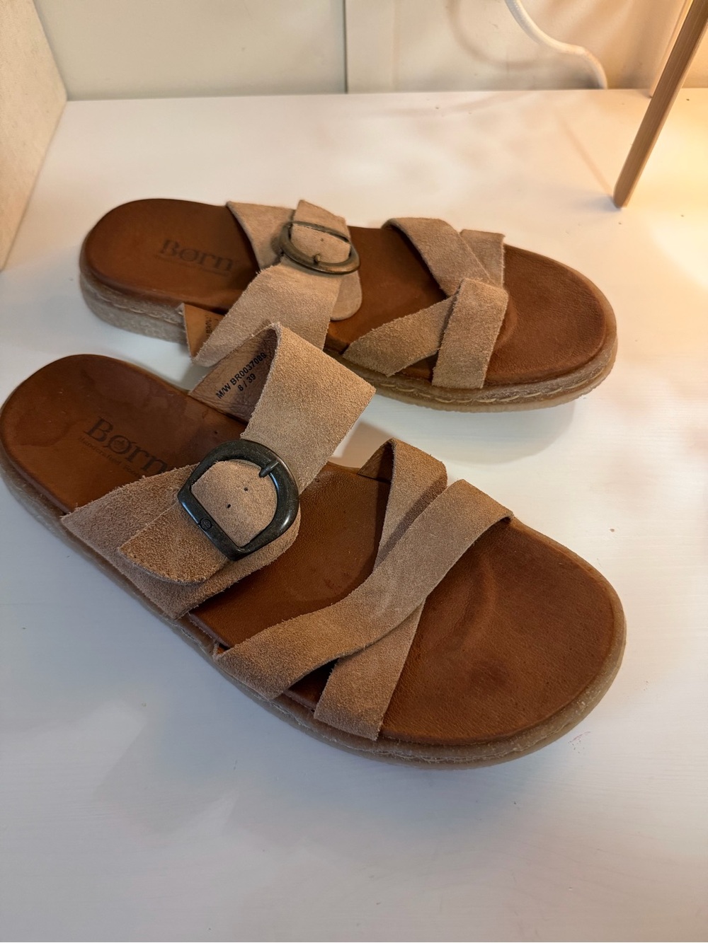 Born Tan Suede Crisscross Buckle Slide Sandals